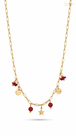 Gold Charm Necklace with Red Accents