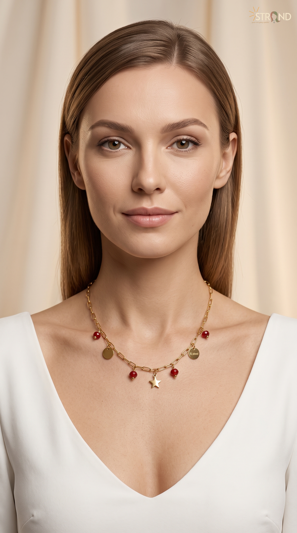 Gold Charm Necklace with Red Accents